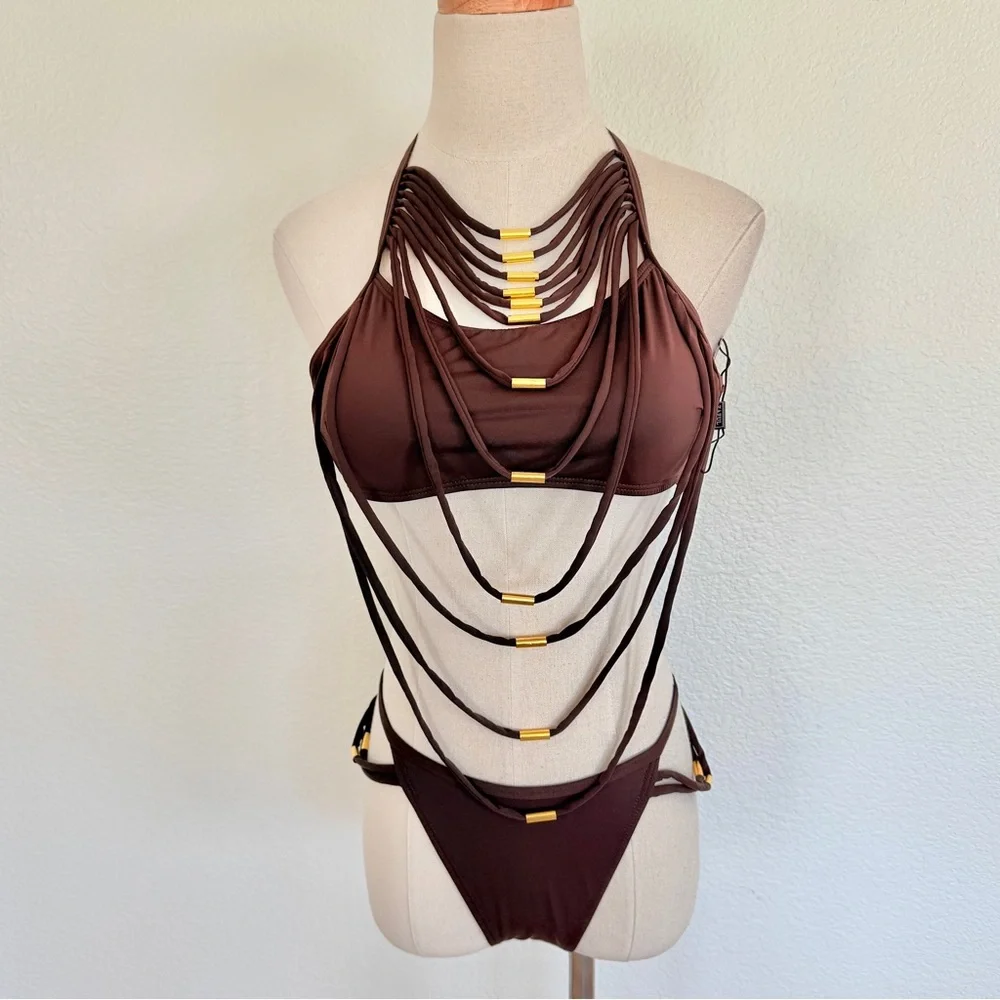 🌞 Brown Strappy Rope Gold Metal Detail Bikini Swimsuit Set